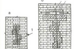 Способы заделки трещин в кирпичной кладке: а - простой замок; б - замок с "якорем"; 1 - новая кирпичная кладка; 2 - "якорь" из двутавровых балок; 3 - бетон