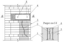 Схема заделки сквозной трещины кирпичным замком с якорем: 1 – усиливаемый участок стены; 2- трещина; 3 - кирпичный замок; 4 – «якорь» из проката; 5 – стяжные болты